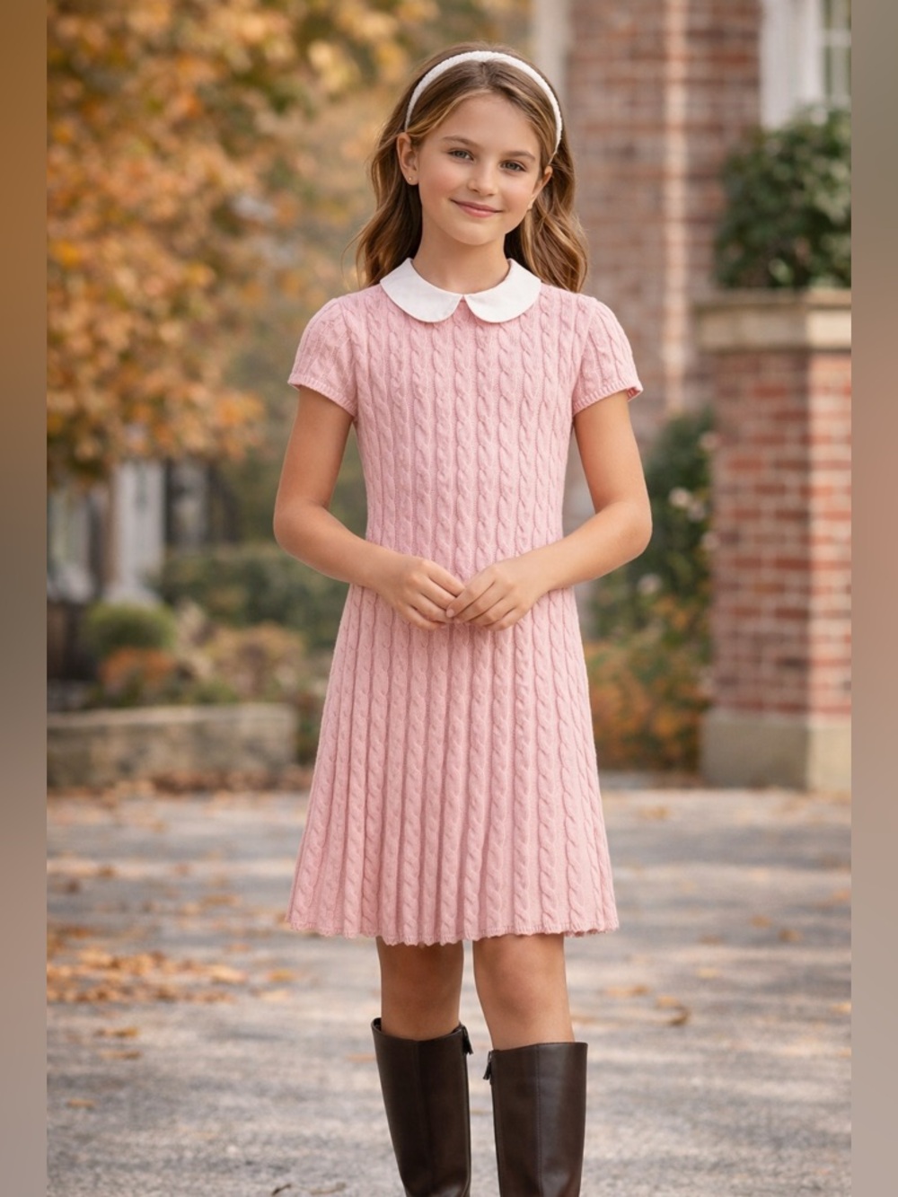 Polo Ralph Lauren Girls Pink Cable Knit Dress White Collar Preppy Size M 8-10